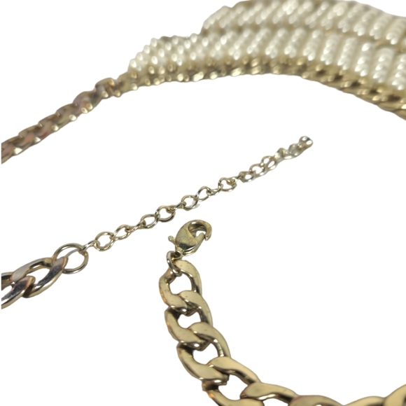 Gold Chain and White Faux Pearl Beaded 2-Tier Necklace - Picture 3 of 6